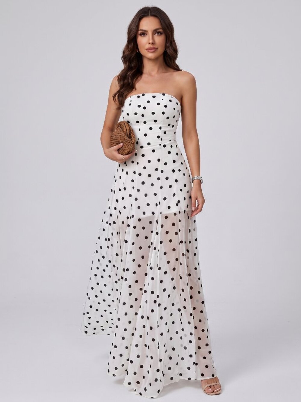 Women's White Black Polka Dot Strapless Chiffon Maxi Dress Vacation Party